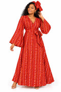 Women's African Print V-Neck Maxi Dress – Long Bell Sleeve Tie-Waist Dress