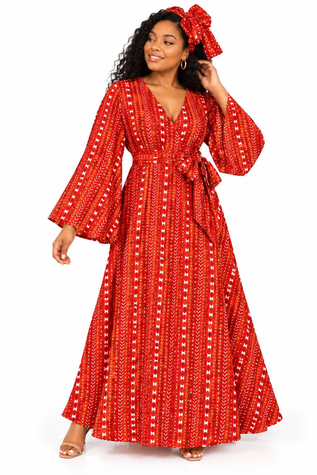 Women's African Print V-Neck Maxi Dress – Long Bell Sleeve Tie-Waist Dress