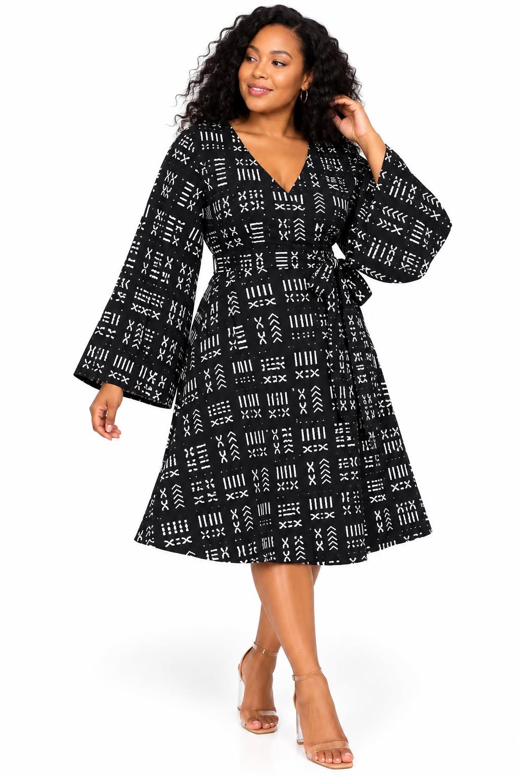 Women's African Print V-Neck Wrap Midi Dress – Long Bell Sleeve Tie-Waist Dress
