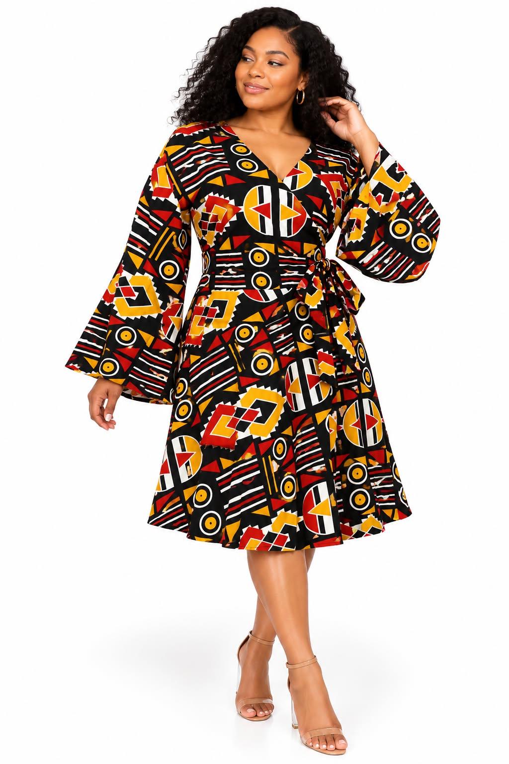 Women's African Print V-Neck Wrap Midi Dress – Long Bell Sleeve Tie-Waist Dress