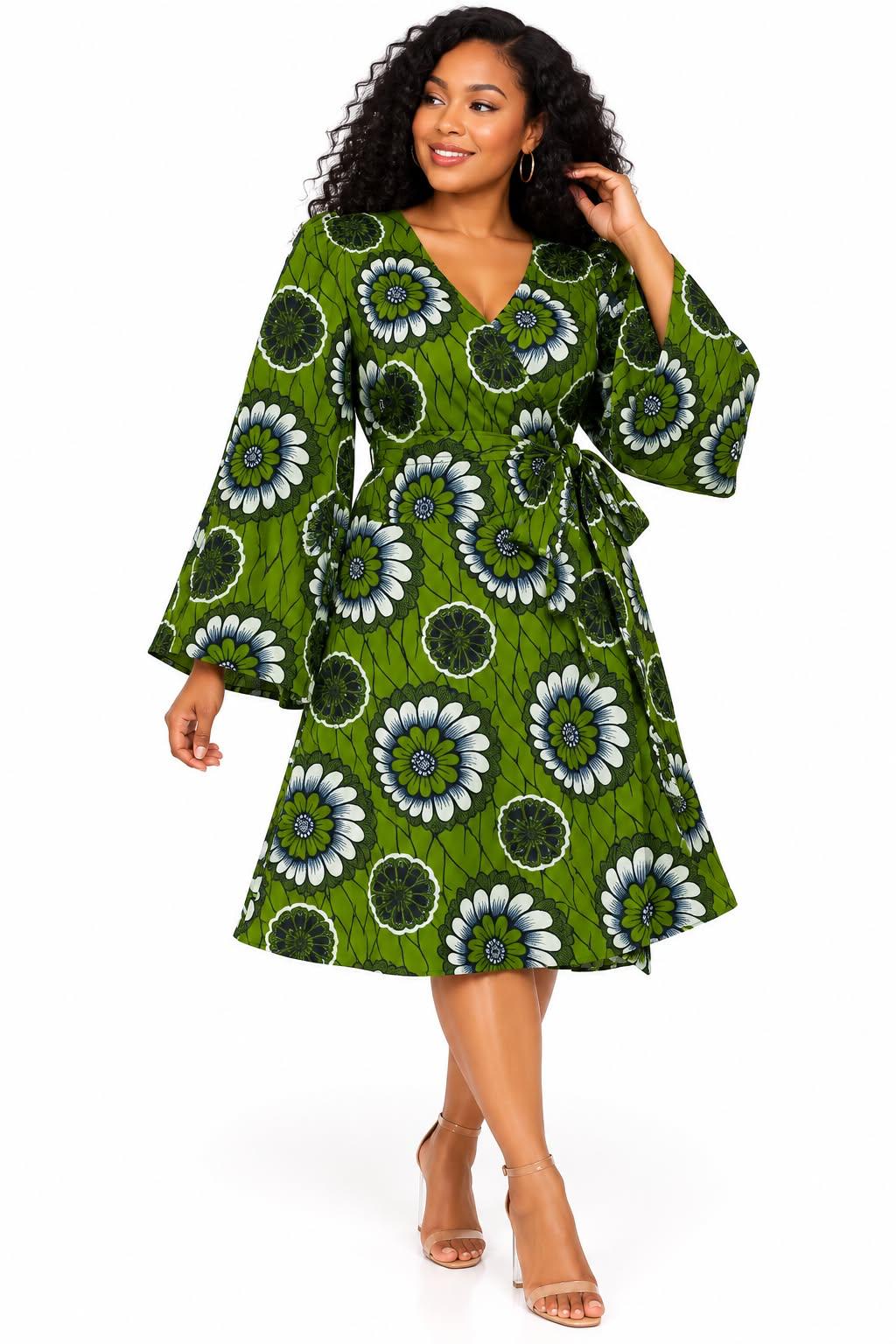 Women's African Print V-Neck Wrap Midi Dress – Long Bell Sleeve Tie-Waist Dress