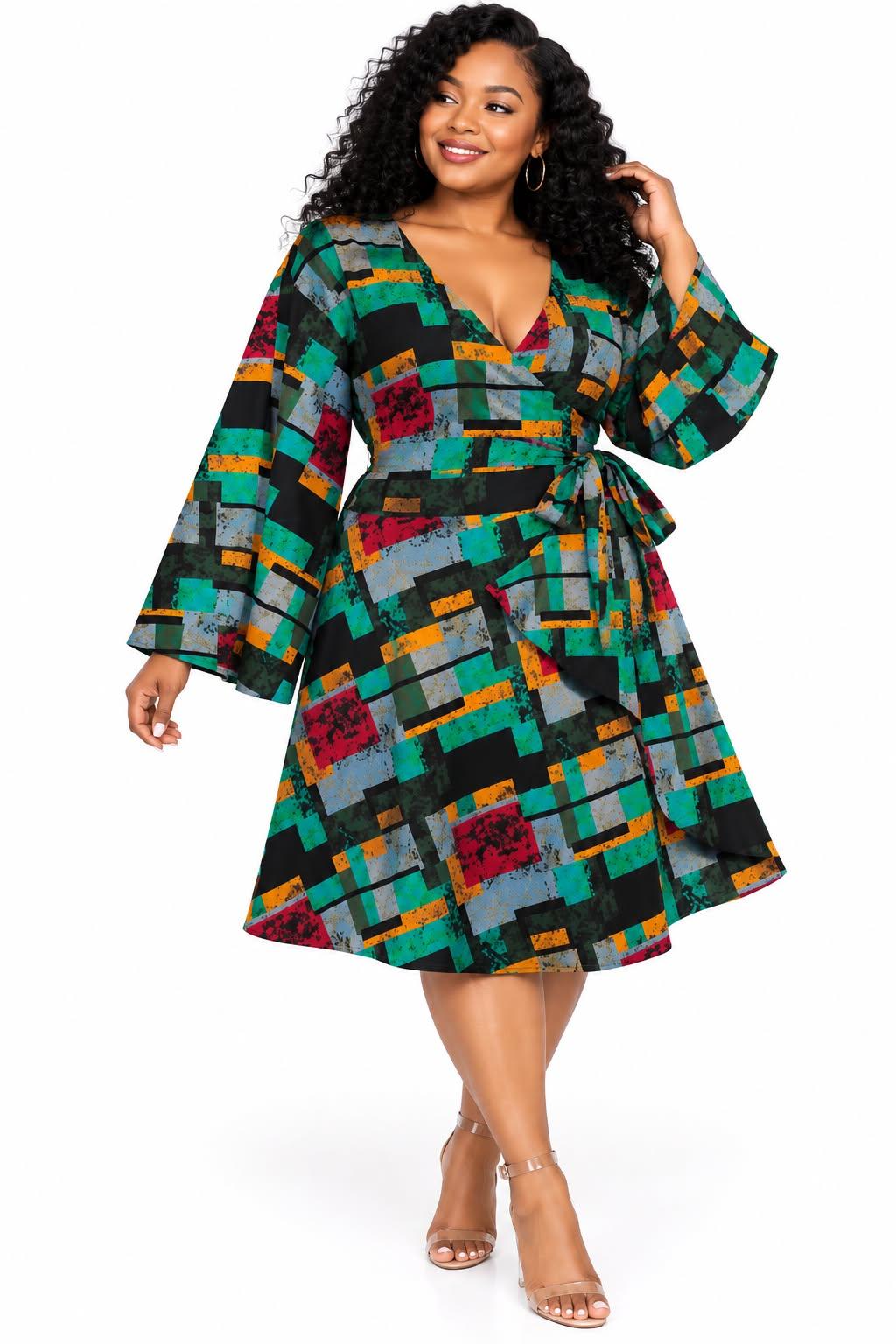 Women's African Print V-Neck Wrap Midi Dress – Long Bell Sleeve Tie-Waist Dress