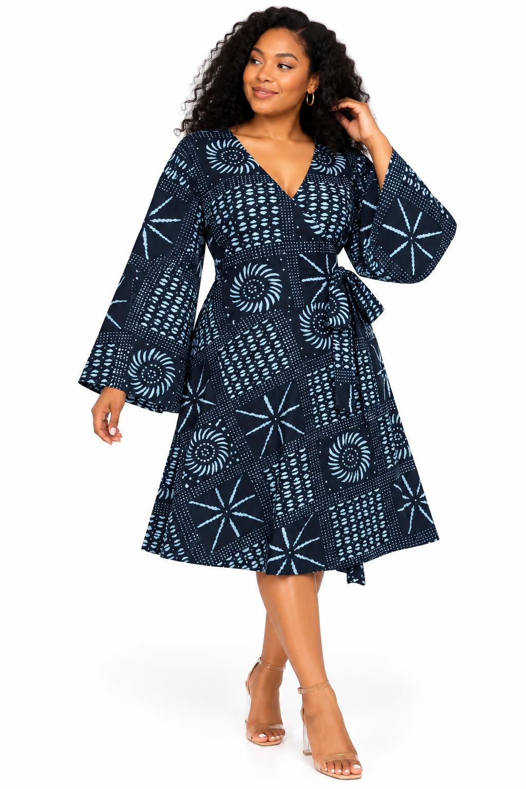 Women's African Print V-Neck Wrap Midi Dress – Long Bell Sleeve Tie-Waist Dress