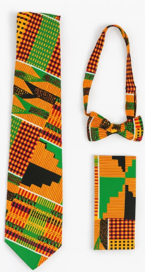 Kente Bow Tie, Pocket Square, And Necktie Set - 3 Pc Set