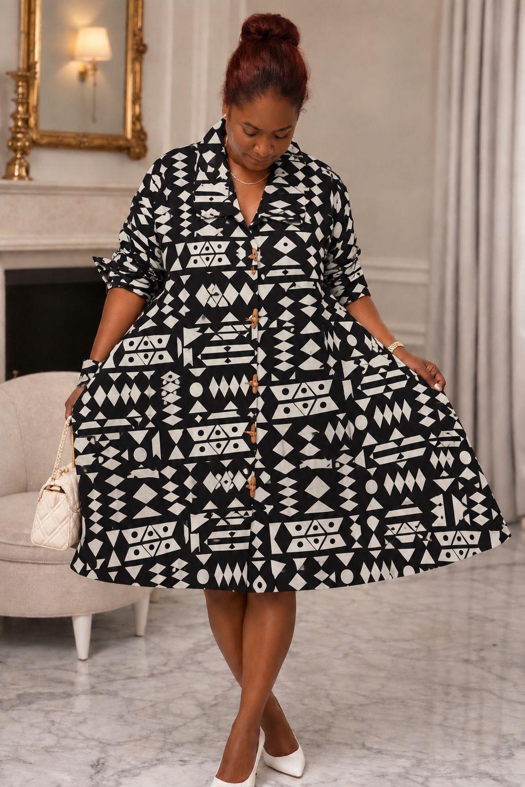 Women's African Print Button-Front Flared Midi Dress