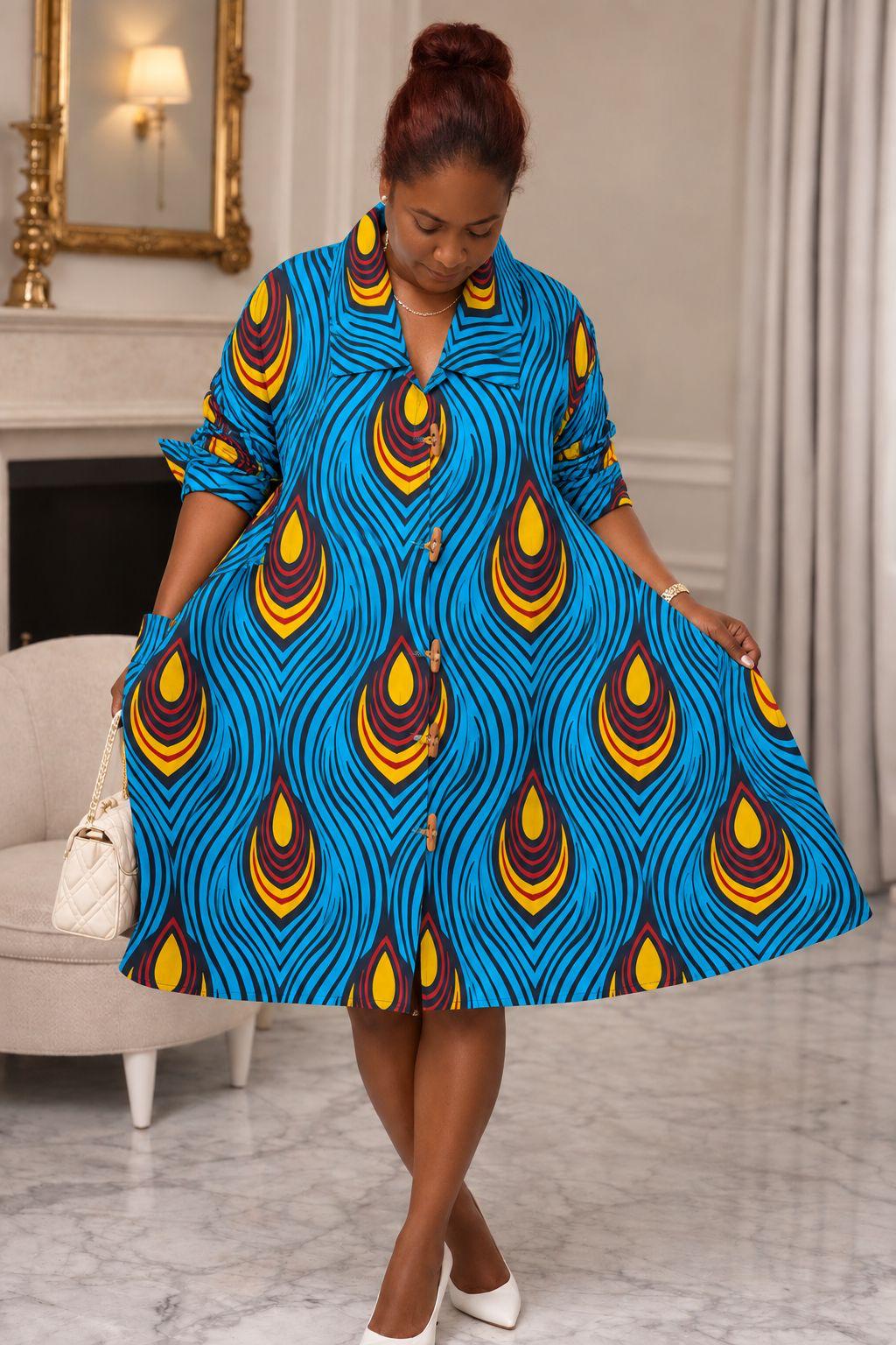 Women's African Print Button-Front Flared Midi Dress