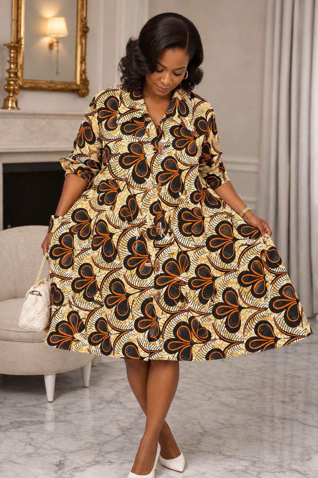 Women's African Print Button-Front Flared Midi Dress