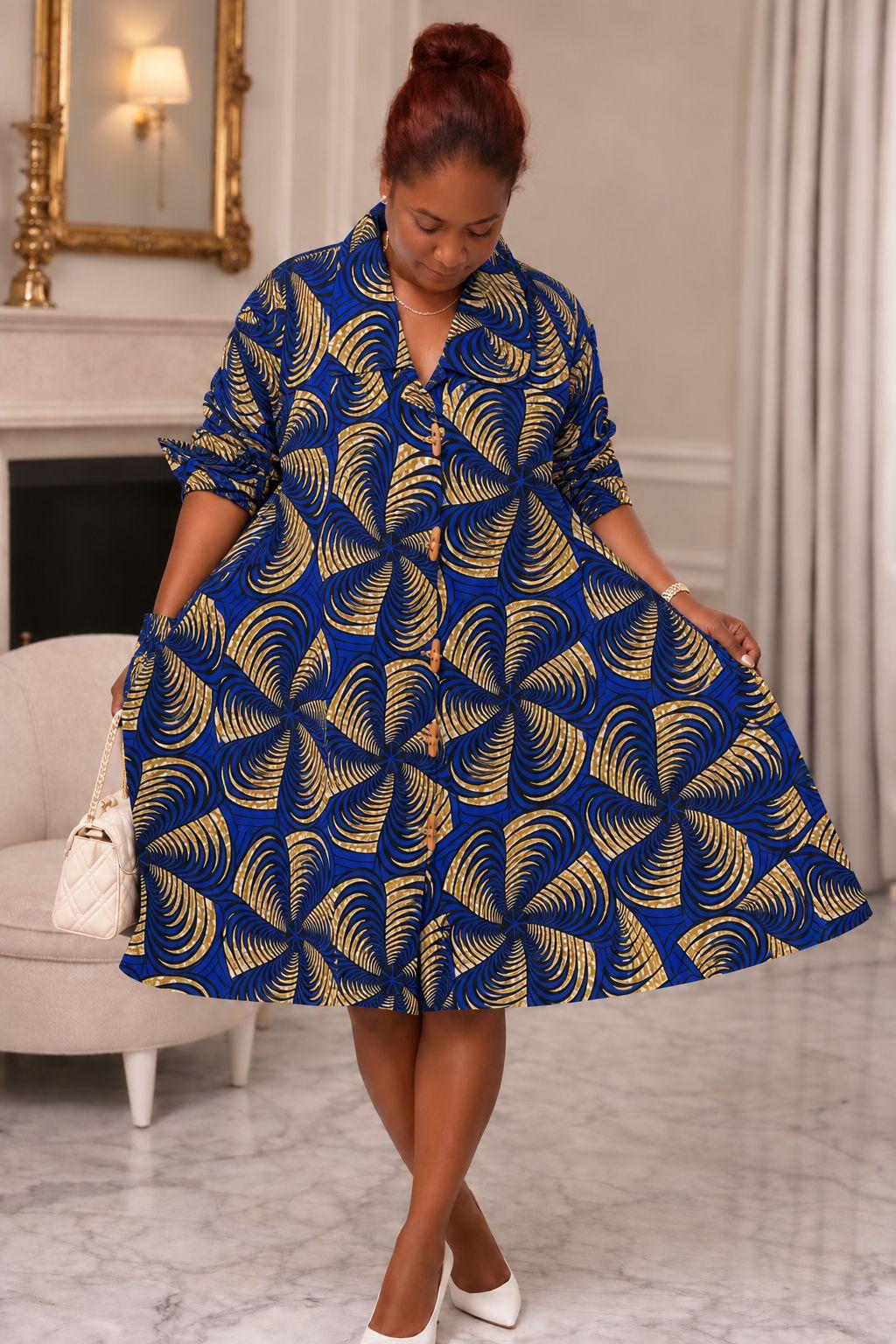 Women's African Print Button-Front Flared Midi Dress