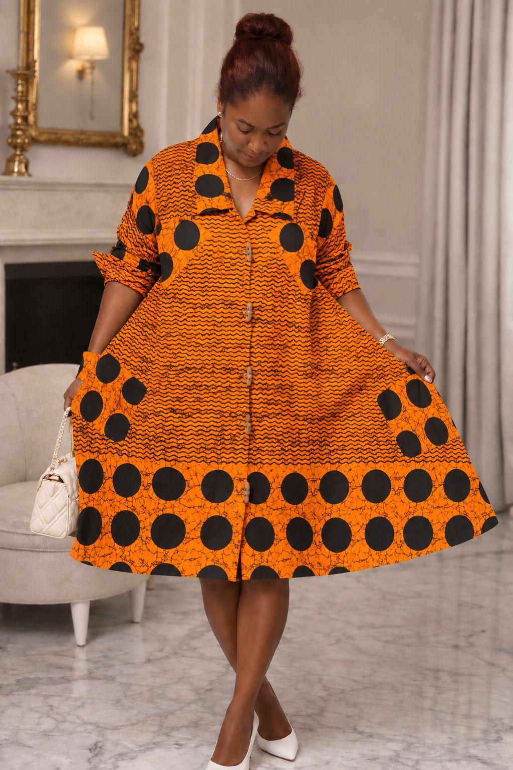 Women's African Print Button-Front Flared Midi Dress