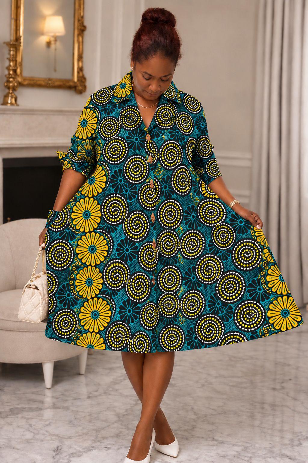 Women's African Print Button-Front Flared Midi Dress