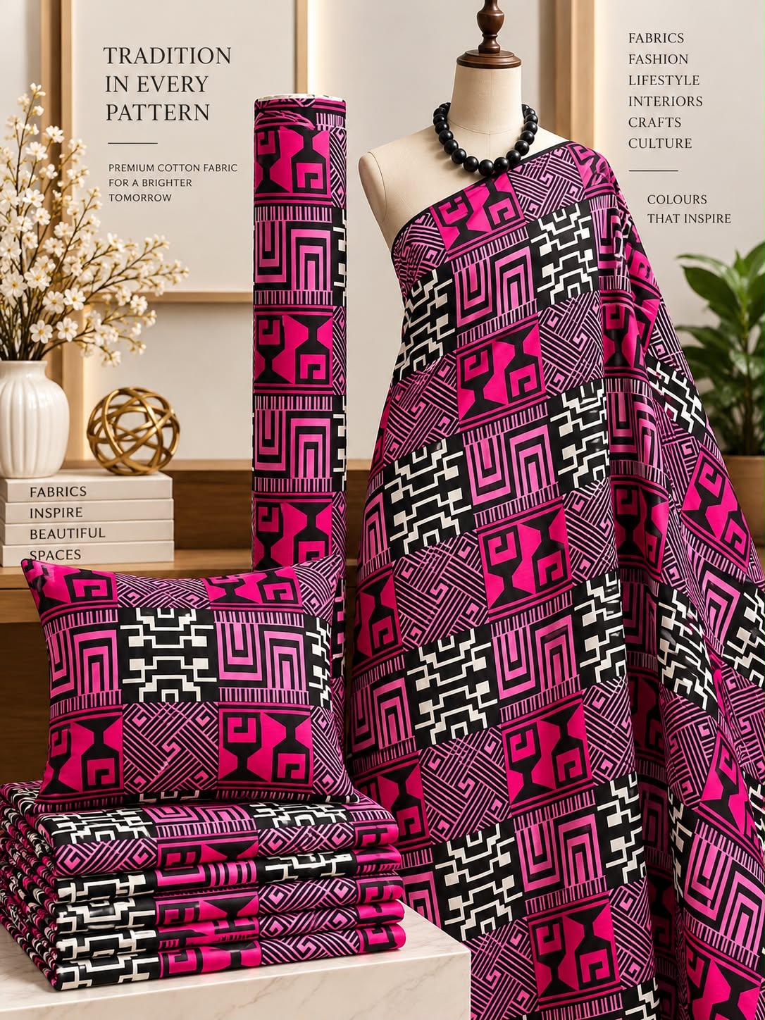 Fuchsia Labyrinth African print cotton fabric in pink, black and white, featuring angular blocks, spirals and patchwork-like panels; shown draped and folded.