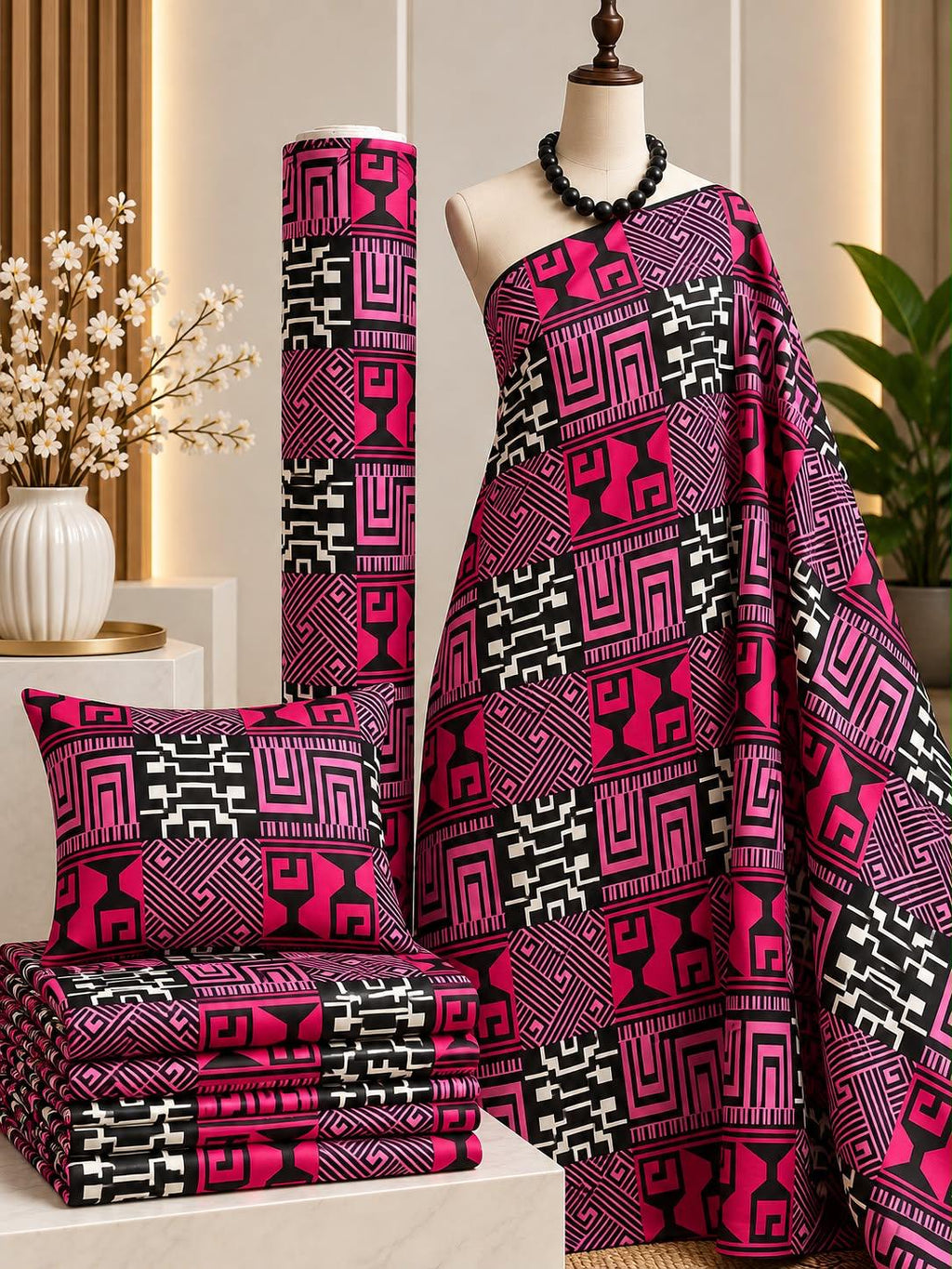 Fuchsia Labyrinth – Pink, Black And White African Print Cotton Fabric, 6 Yards