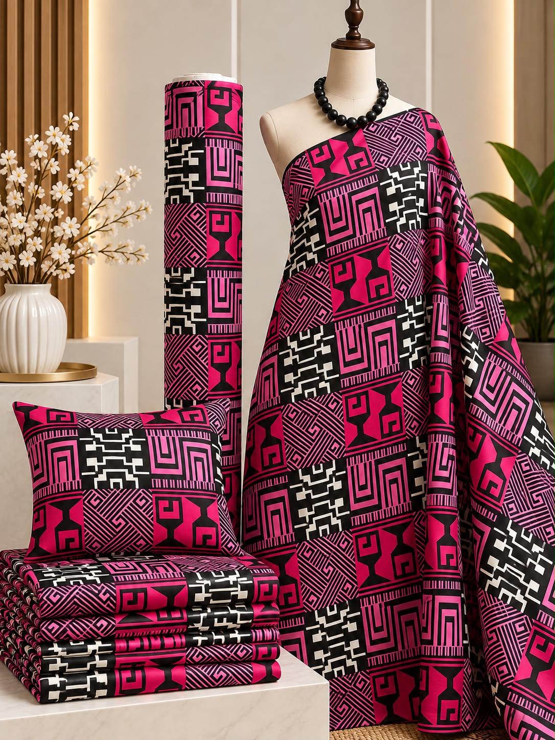 Fuchsia Labyrinth – Pink, Black And White African Print Cotton Fabric, 6 Yards