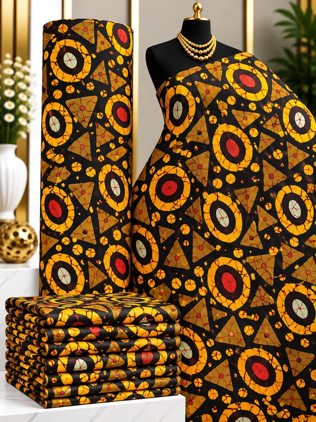 Amber Orbit African print cotton fabric in gold, orange and black, featuring concentric rings with dotted geometric accents; shown draped and folded.