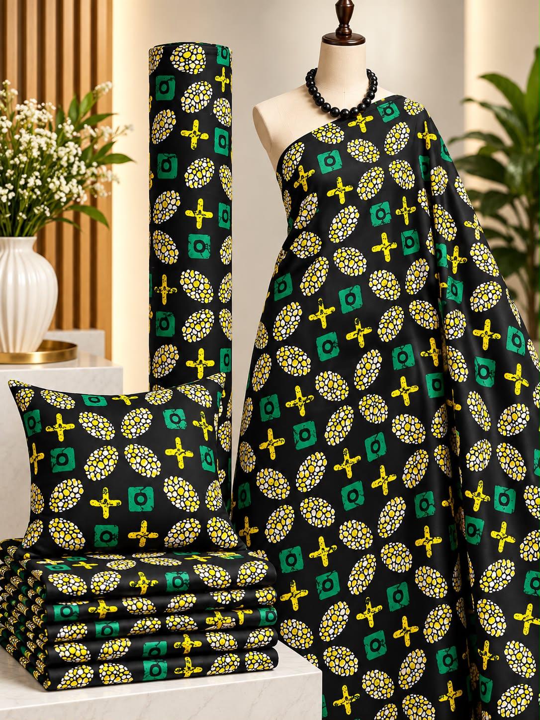 Citrus Mosaic African print cotton fabric in green, yellow, white and black, featuring squares, crosses and circular medallions; shown draped and folded.