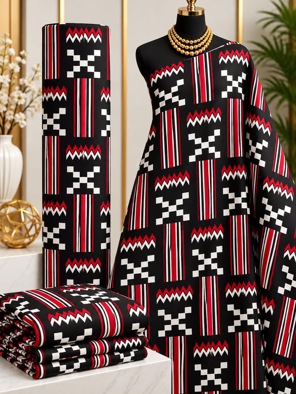 Crimson Crossroads African print cotton fabric in red, black and white, featuring striped panels with cross-like geometric forms; shown draped and folded.