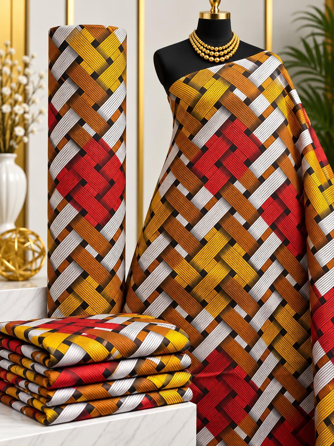 Amber Interlace African print cotton fabric in yellow, rust, white and black, featuring bold diagonal interwoven ribbon-like bands; shown draped and folded.