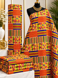 Sunset Loom African print cotton fabric in orange, yellow, red, blue and black, featuring horizontal bands of colorful narrow geometric blocks; shown draped and folded.