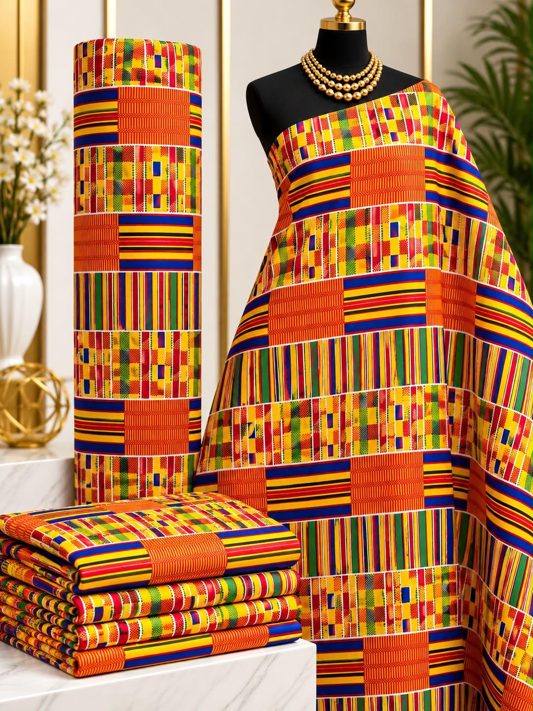 Sunset Loom African print cotton fabric in orange, yellow, red, blue and black, featuring horizontal bands of colorful narrow geometric blocks; shown draped and folded.