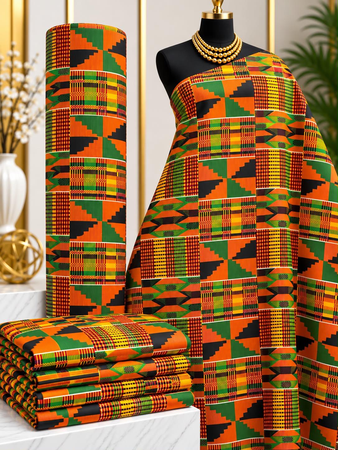 Harvest Pinwheel African print cotton fabric in orange, green, yellow and black, featuring angular triangles and rectangles forming a compact geometric repeat; shown draped and folded.
