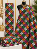 Jewel Harlequin African print cotton fabric in pink, green, yellow, blue and black, featuring diagonal diamond patchwork filled with fine ornamental details; shown draped and folded.