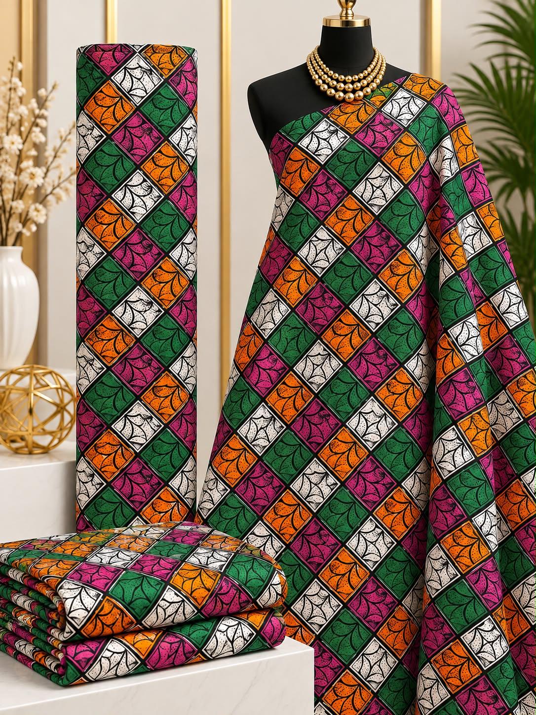 Jewel Harlequin African print cotton fabric in pink, green, yellow, blue and black, featuring diagonal diamond patchwork filled with fine ornamental details; shown draped and folded.