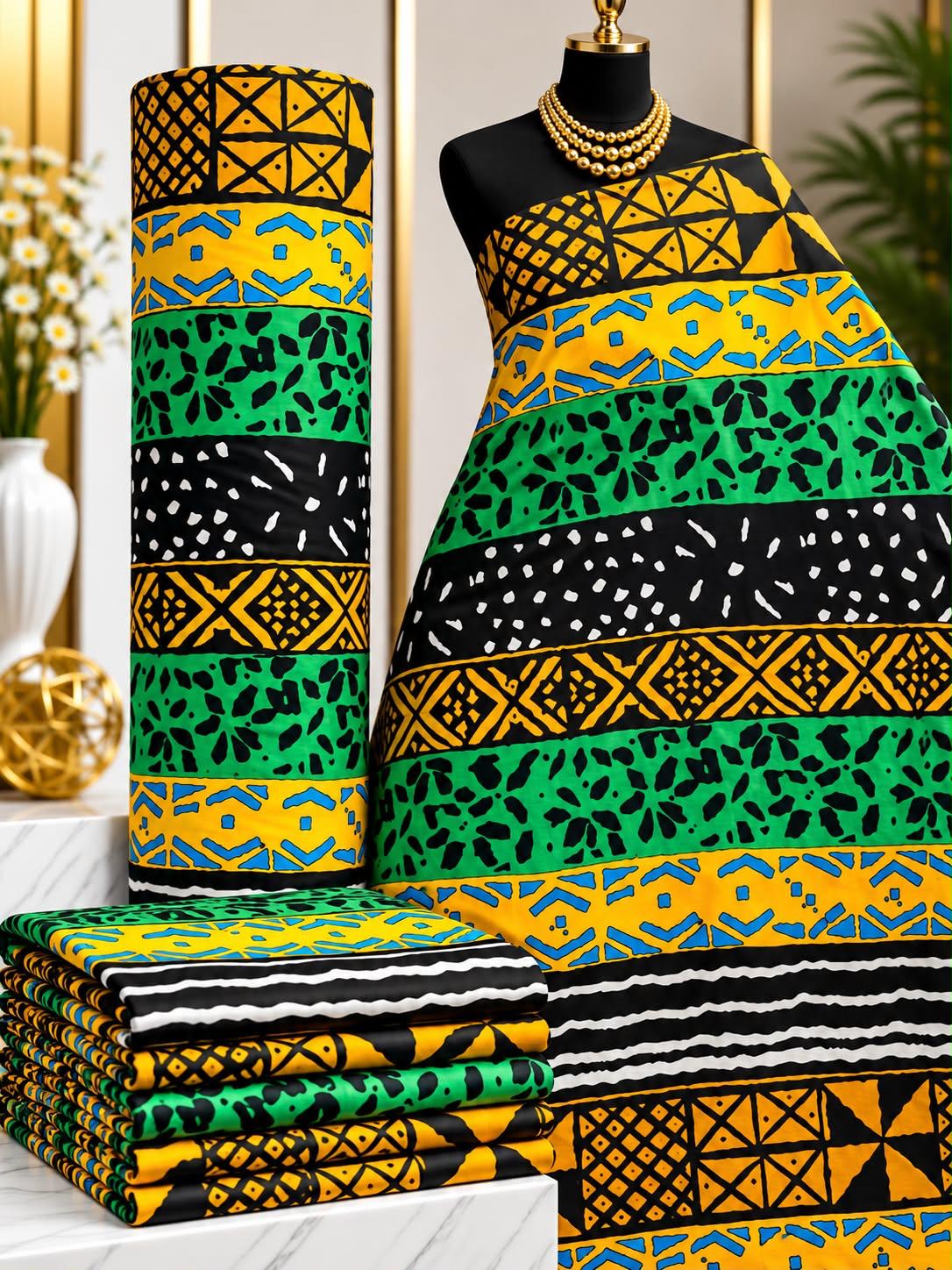 Emerald Bands African print cotton fabric in green, yellow and black, featuring broad horizontal bands of varied angular geometric motifs; shown draped and folded.
