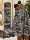 Festival Border African print cotton fabric in black, white, red, yellow and green, featuring geometric panels with colorful circular border bands; shown draped and folded.