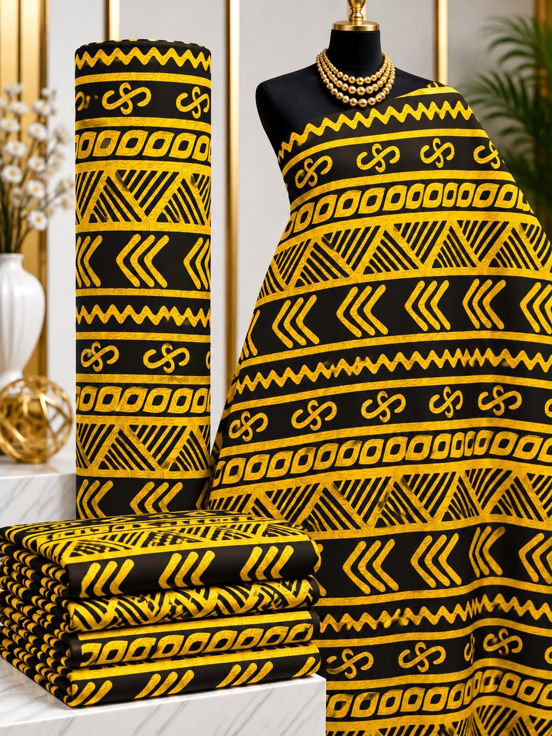 Golden Pathways African print cotton fabric in yellow and black, featuring horizontal rows of chevrons, loops and linear geometric motifs; shown draped and folded.
