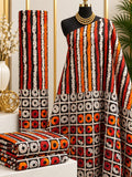 Rust Columns African print cotton fabric in red, rust, cream and black, featuring vertical patterned stripes above a contrasting grid-like border; shown draped and folded.