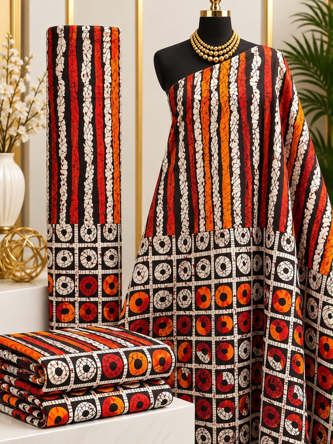Rust Columns African print cotton fabric in red, rust, cream and black, featuring vertical patterned stripes above a contrasting grid-like border; shown draped and folded.