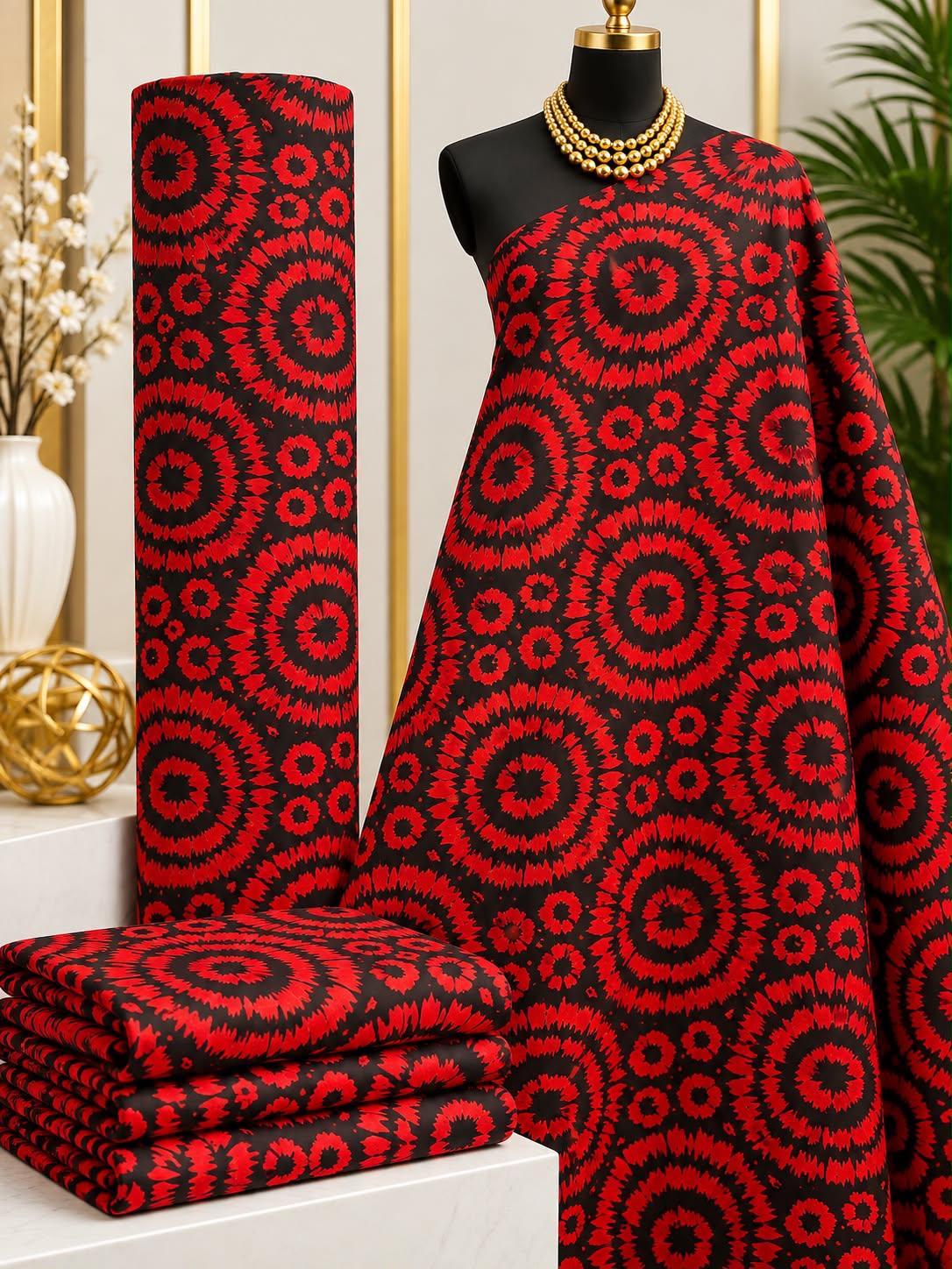 Crimson Orbits African print cotton fabric in red and black, featuring large concentric circular motifs with dotted accents; shown draped and folded.