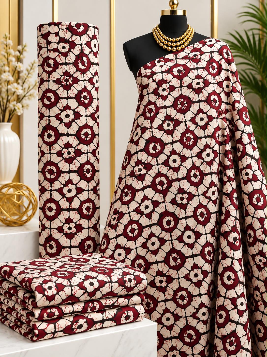 Burgundy Lacework African print cotton fabric in burgundy and cream, featuring densely repeated floral medallions and curling ornamental forms; shown draped and folded.