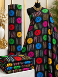 Rainbow Tokens African print cotton fabric in black, pink, blue, green and yellow, featuring spaced brightly colored circular emblems with fine vertical accents; shown draped and folded.