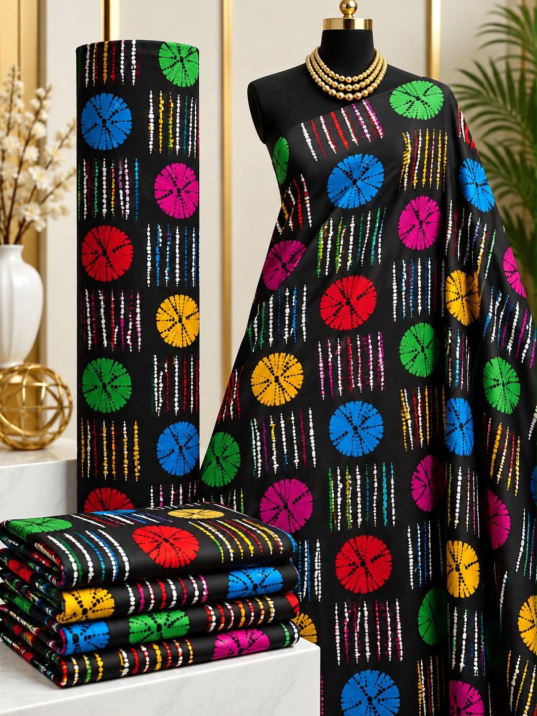 Rainbow Tokens African print cotton fabric in black, pink, blue, green and yellow, featuring spaced brightly colored circular emblems with fine vertical accents; shown draped and folded.