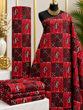 Garnet Grid African print cotton fabric in red, black and cream, featuring checkerboard panels with small angular line motifs; shown draped and folded.