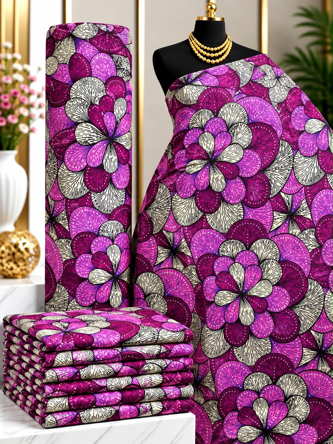 Orchid Petals African print cotton fabric in pink, purple, cream and green, featuring large rounded floral shapes and fine ornamental details; shown draped and folded.