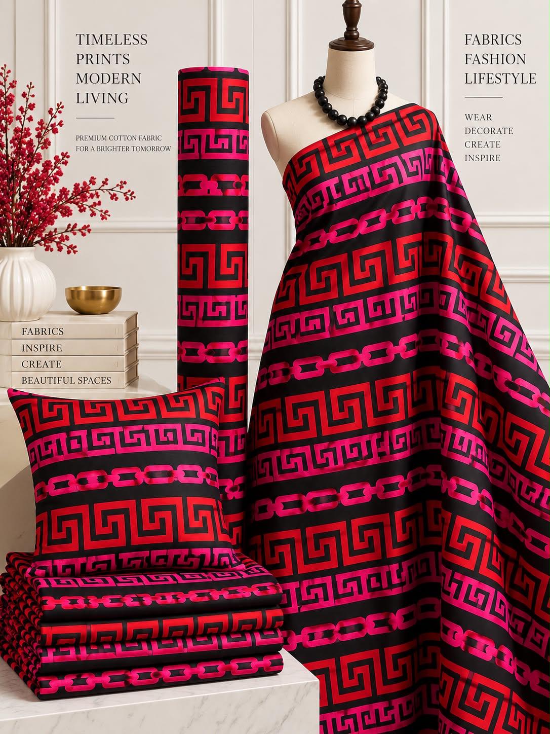 Magenta Maze African print cotton fabric in pink and black, featuring horizontal rows of angular meander-like shapes; shown draped and folded.