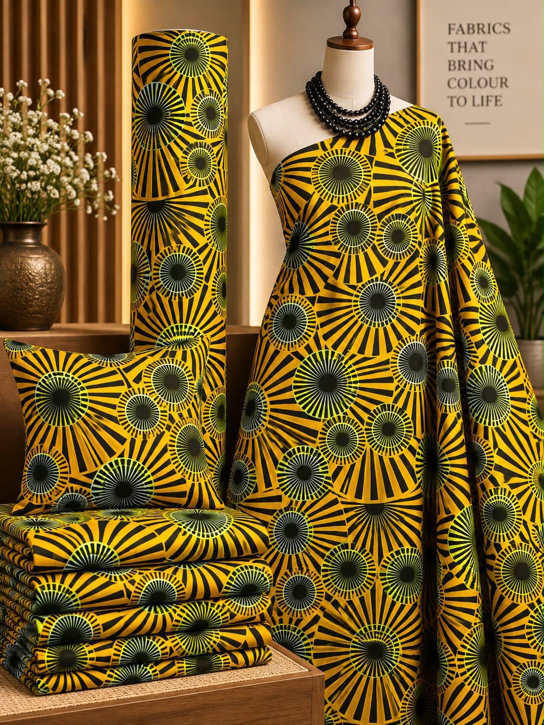 Golden Radiance African print cotton fabric in yellow, green and black, featuring radiating sunburst-like circles; shown draped and folded.