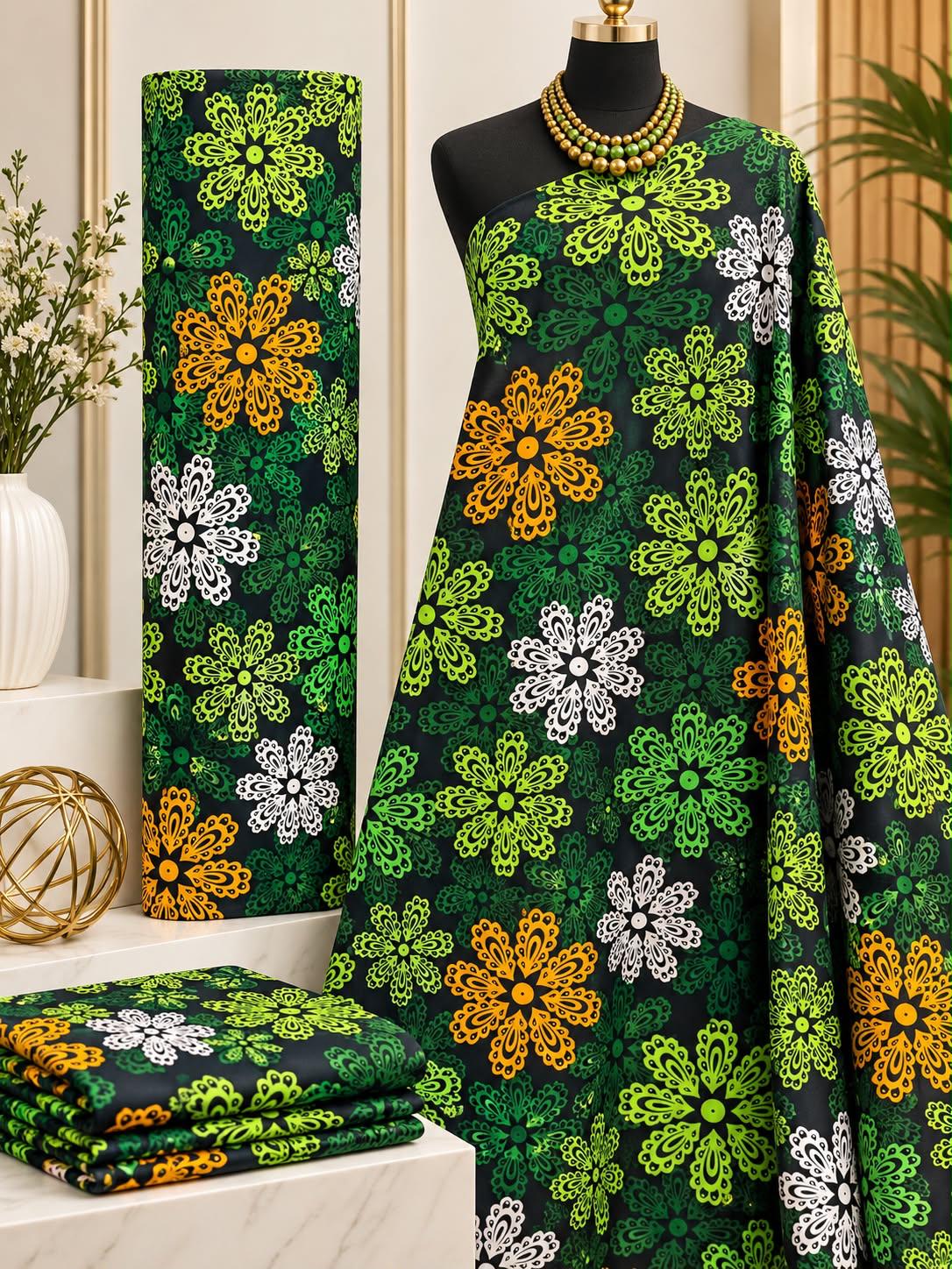 Forest Petals African print cotton fabric in green, yellow and white, featuring scattered flower-like medallions on a dark green ground; shown draped and folded.