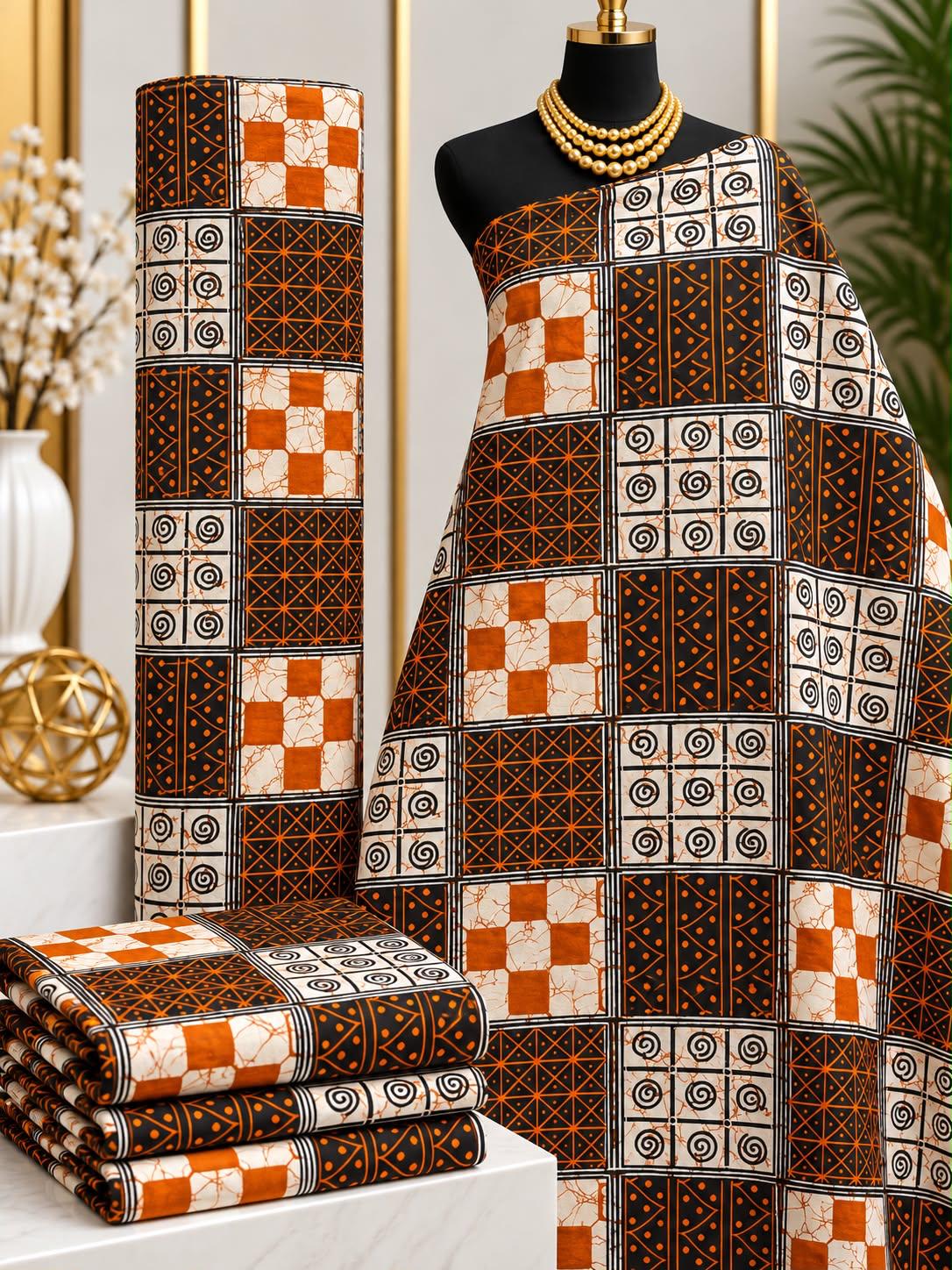 Cocoa Checker African print cotton fabric in brown, orange, cream and black, featuring patchwork squares with checks and small ornamental details; shown draped and folded.