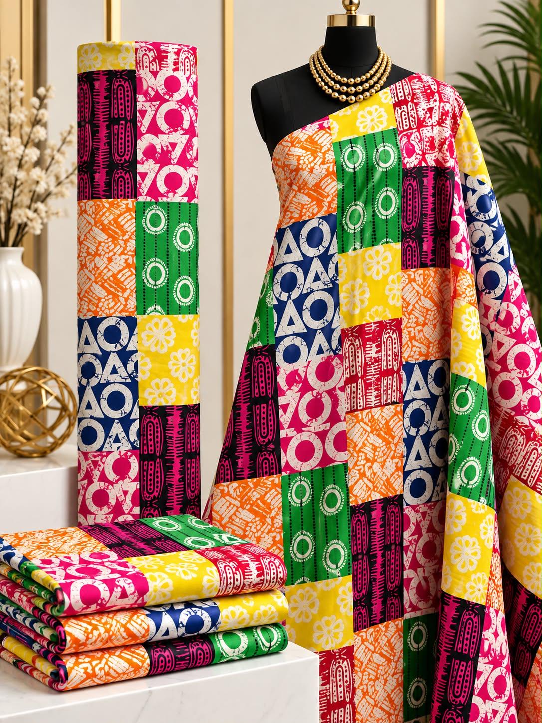 Rainbow Quilt African print cotton fabric in pink, yellow, green, blue and white, featuring bright patchwork squares filled with ornamental motifs; shown draped and folded.
