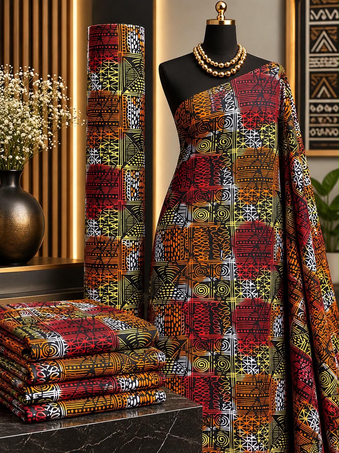 Autumn Fresco African print cotton fabric in rust, green, brown and gold, featuring dense ornamental patchwork-like panels; shown draped and folded.