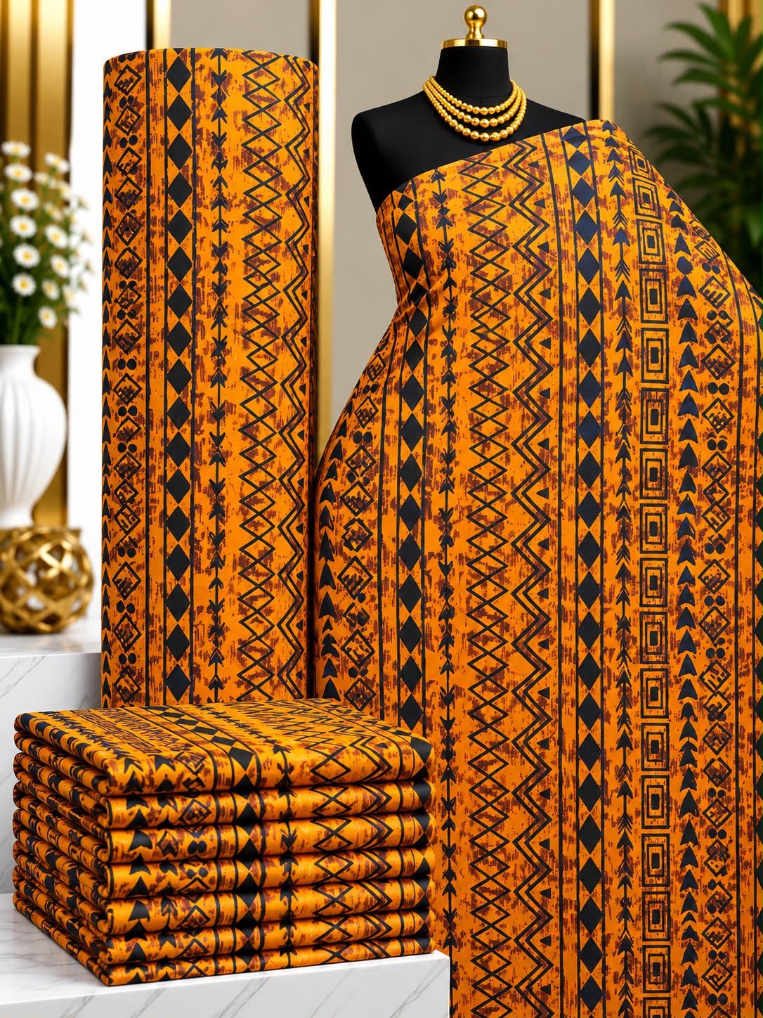 Amber Rhythm African print cotton fabric in orange, yellow and black, featuring narrow vertical bands of repeated geometric details; shown draped and folded.