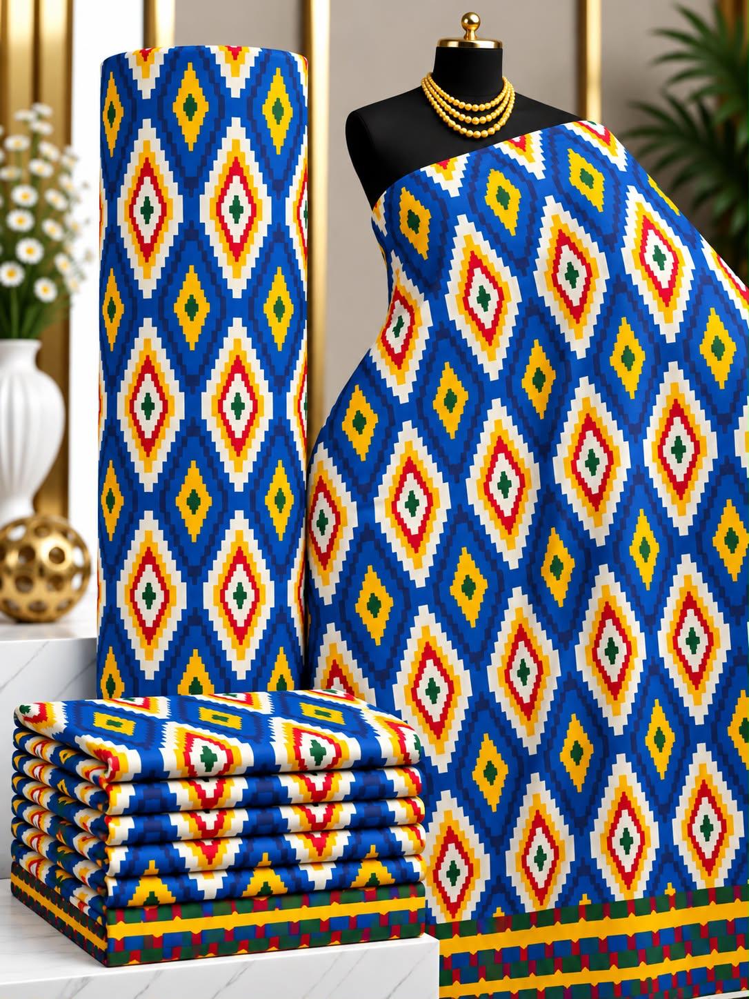 Royal Diamonds African print cotton fabric in blue, yellow, red and white, featuring large repeating concentric diamonds; shown draped and folded.