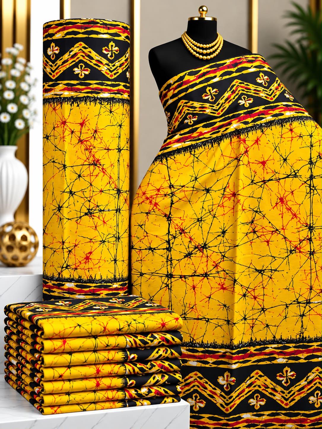 Solar Border African print cotton fabric in yellow, orange, green and black, featuring fine branching marks framed by contrasting ornamental borders; shown draped and folded.