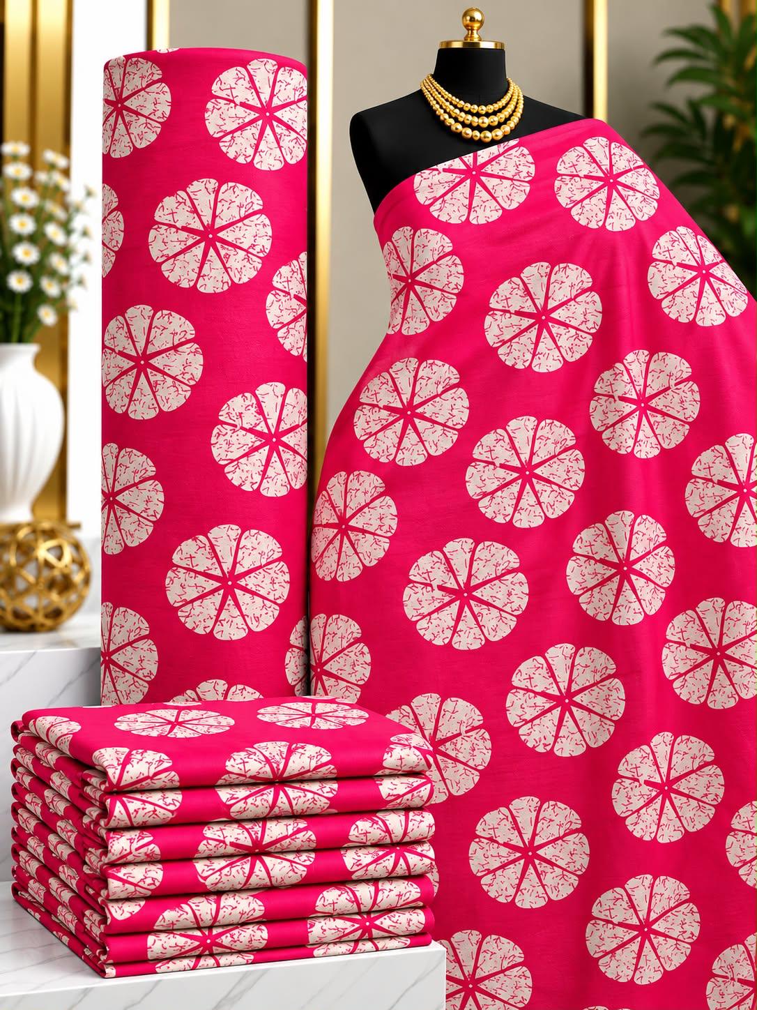 Rose Citrus African print cotton fabric in pink and cream, featuring large circular segmented floral motifs; shown draped and folded.