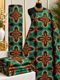 Forest Starwork African print cotton fabric in teal, brown, gold and black, featuring repeating four-point ornamental medallions; shown draped and folded.