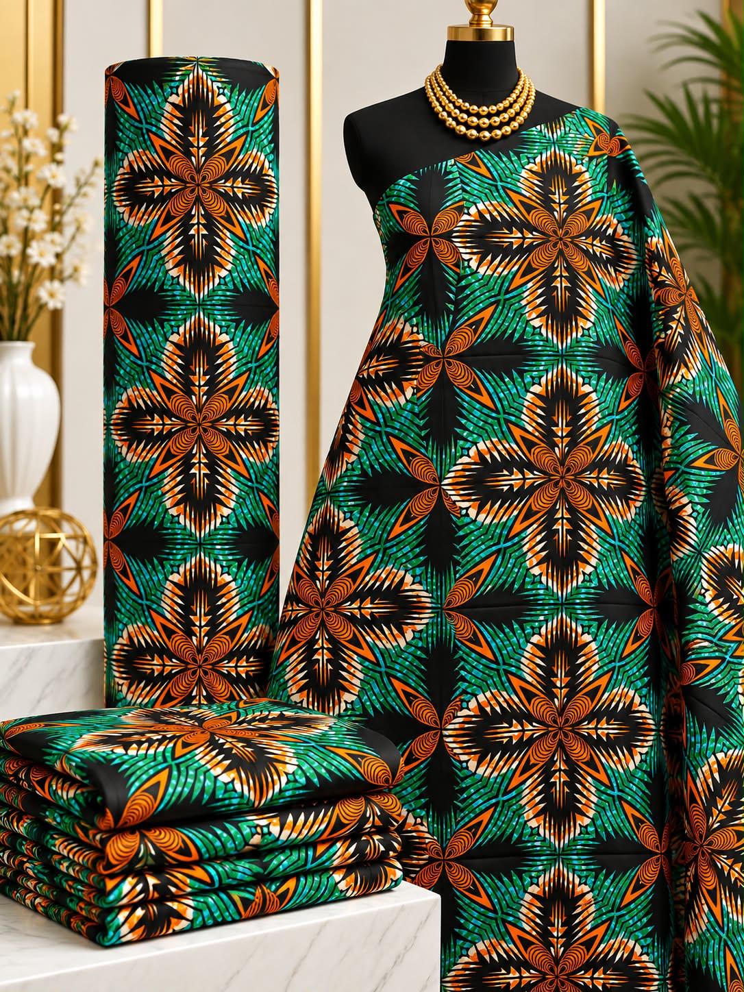 Forest Starwork African print cotton fabric in teal, brown, gold and black, featuring repeating four-point ornamental medallions; shown draped and folded.