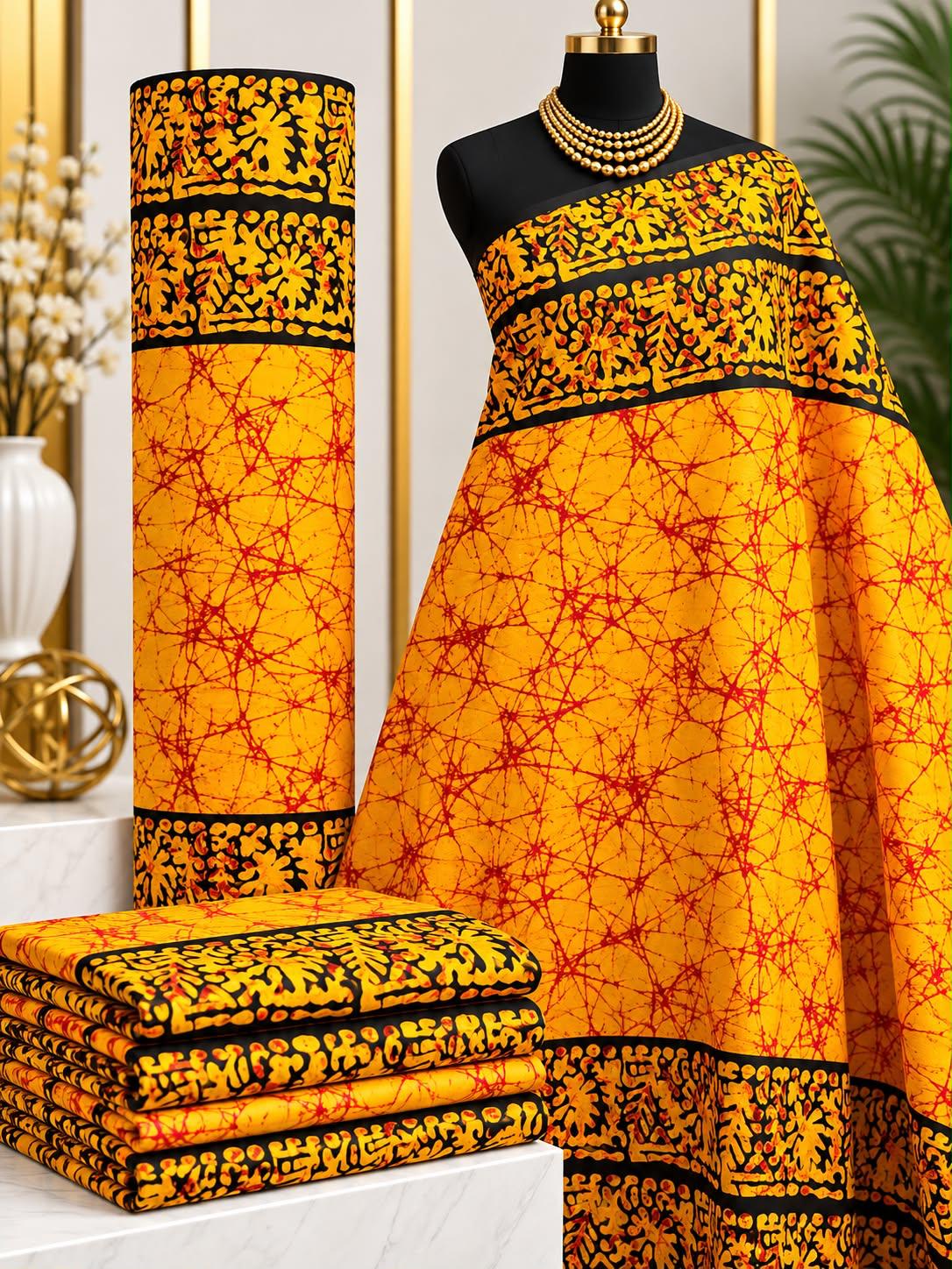 Marigold Border African print cotton fabric in orange, yellow and black, featuring fine branching marks with dark ornamental border bands; shown draped and folded.